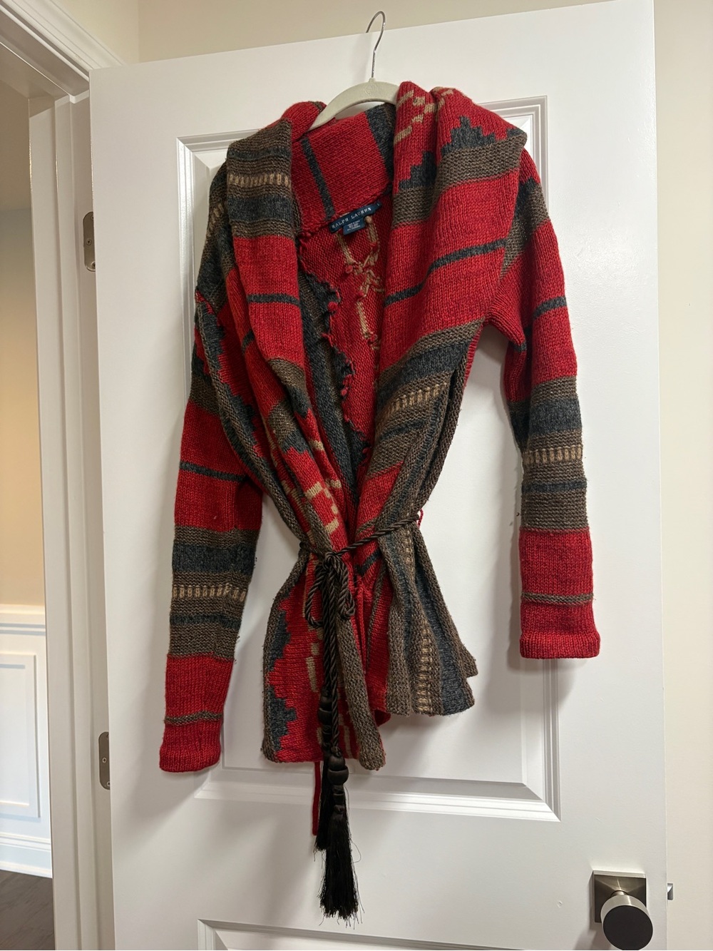 Ralph Lauren Red Striped Knit Cardigan with Brown and Gray Accents